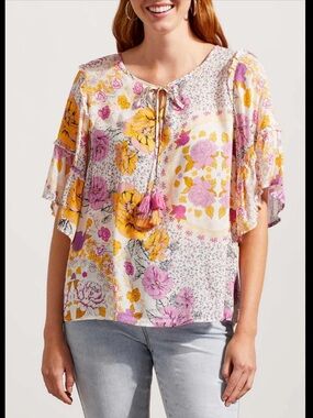 Tribal Bohemian Ruffle Flare Sleeve Colorful Tassel Flowy Casual Half Sleeve Top